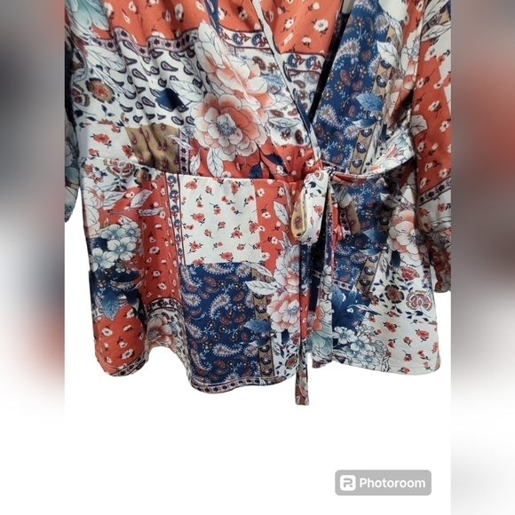 XL Multicolor Floral V Neck Drawstring Waist String Tie Long Sleeve Blouse - Picture 6 of 9